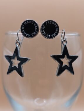 Marc Jacobs Enamel Black and Silver Studs with Star Drop Earrings